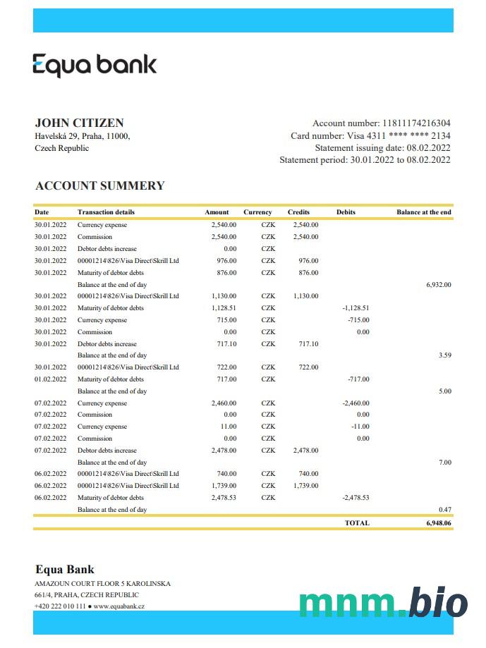 Szablon wyciągu z banku Czechia Air w programie Word i PDF